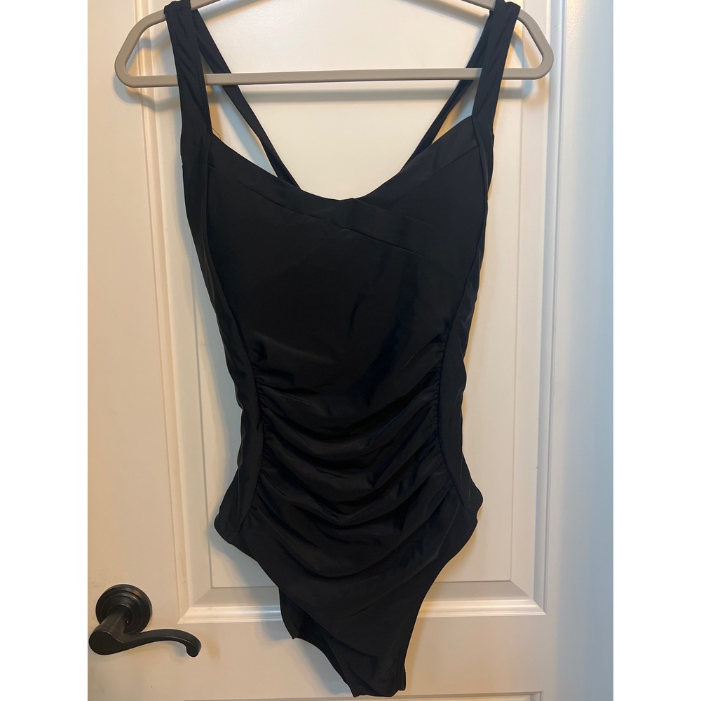 B2PRITY Womens Black One Piece Swimsuit Tummy Control Ruched Tie Back XL NEW